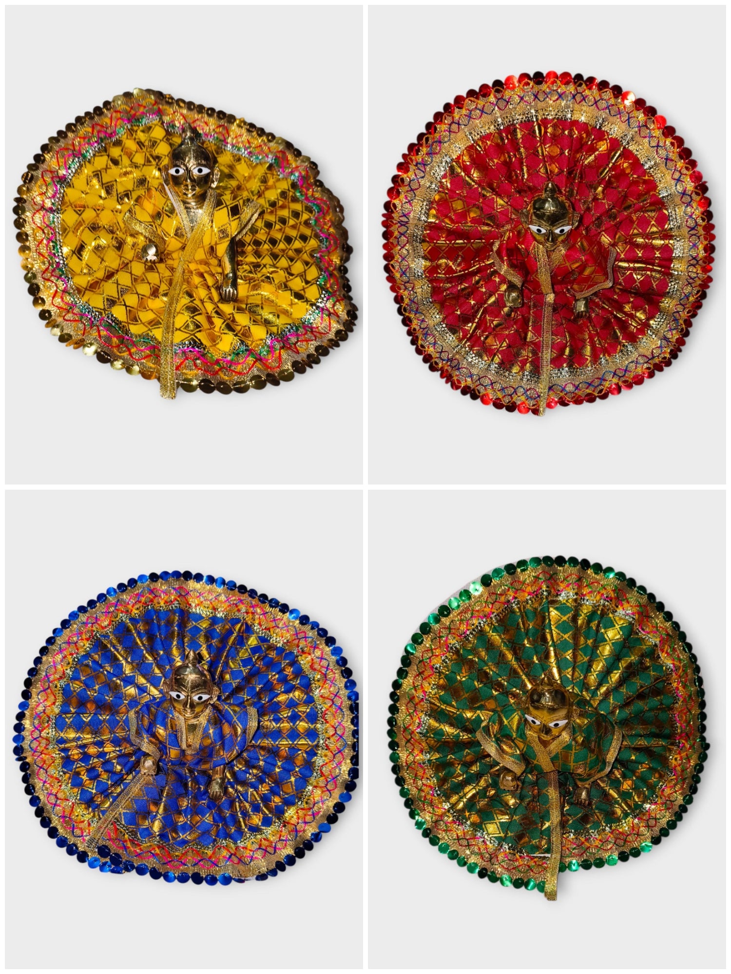 Set of 4 Combo: Divine Laddu Gopal Poshak (Red, Blue, Yellow, Green) | Size 5 Thakur Ji Dress with Zari Work | Bal Gopal Festival Attire
