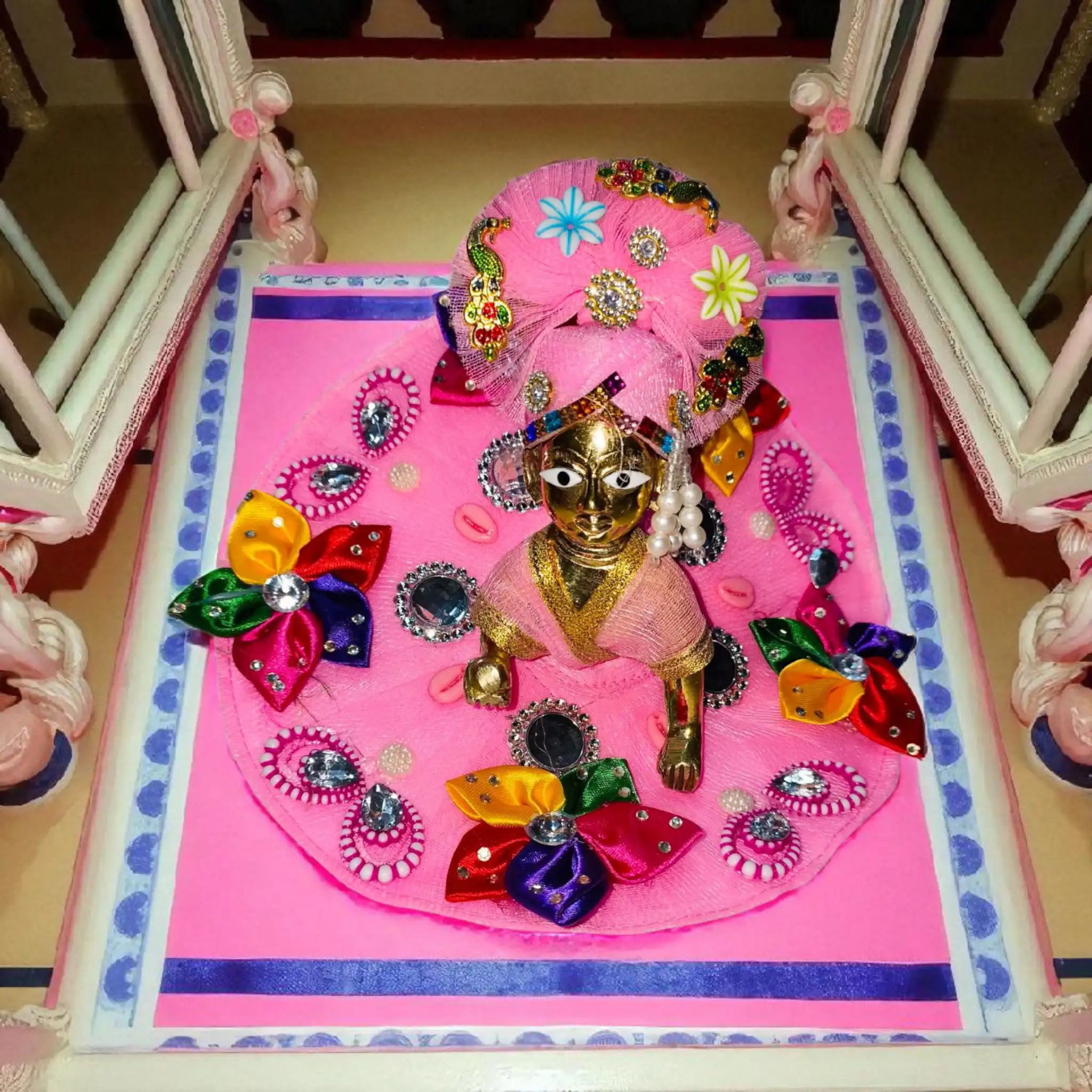 Pink Designer Laddu Gopal Dress with Colorful Floral Embellishments