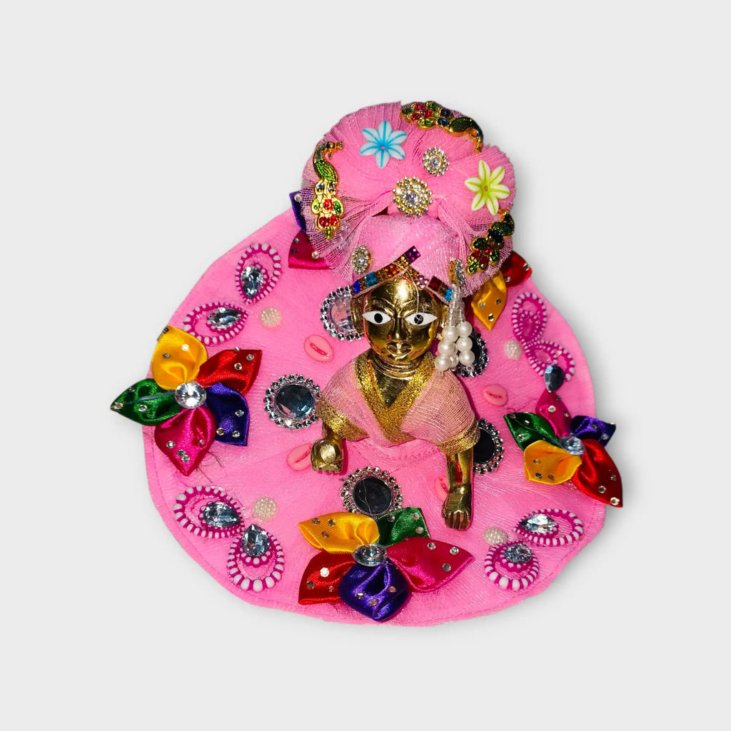 Pink Designer Laddu Gopal Dress with Colorful Floral Embellishments