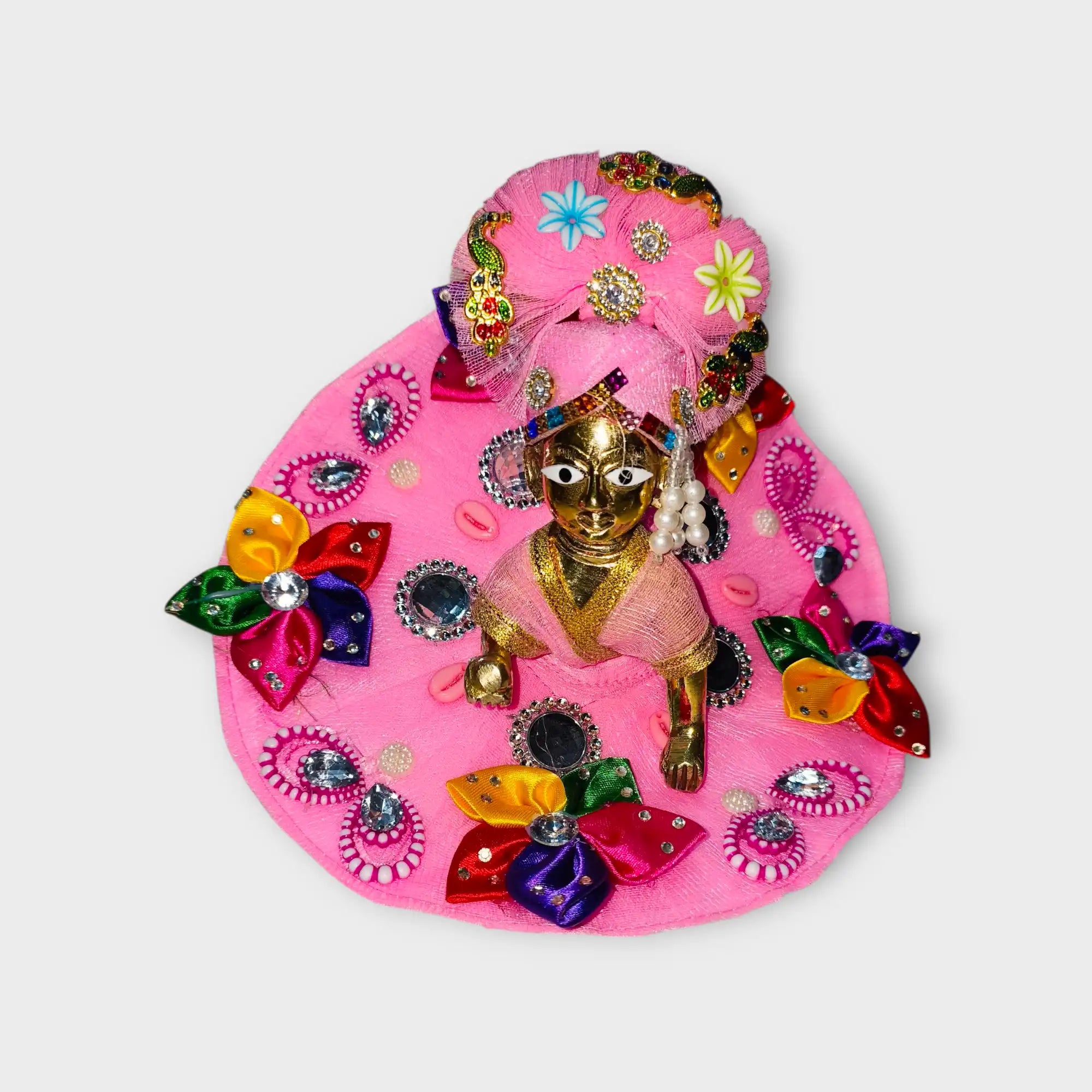 Pink Designer Laddu Gopal Dress with Colorful Floral Embellishments