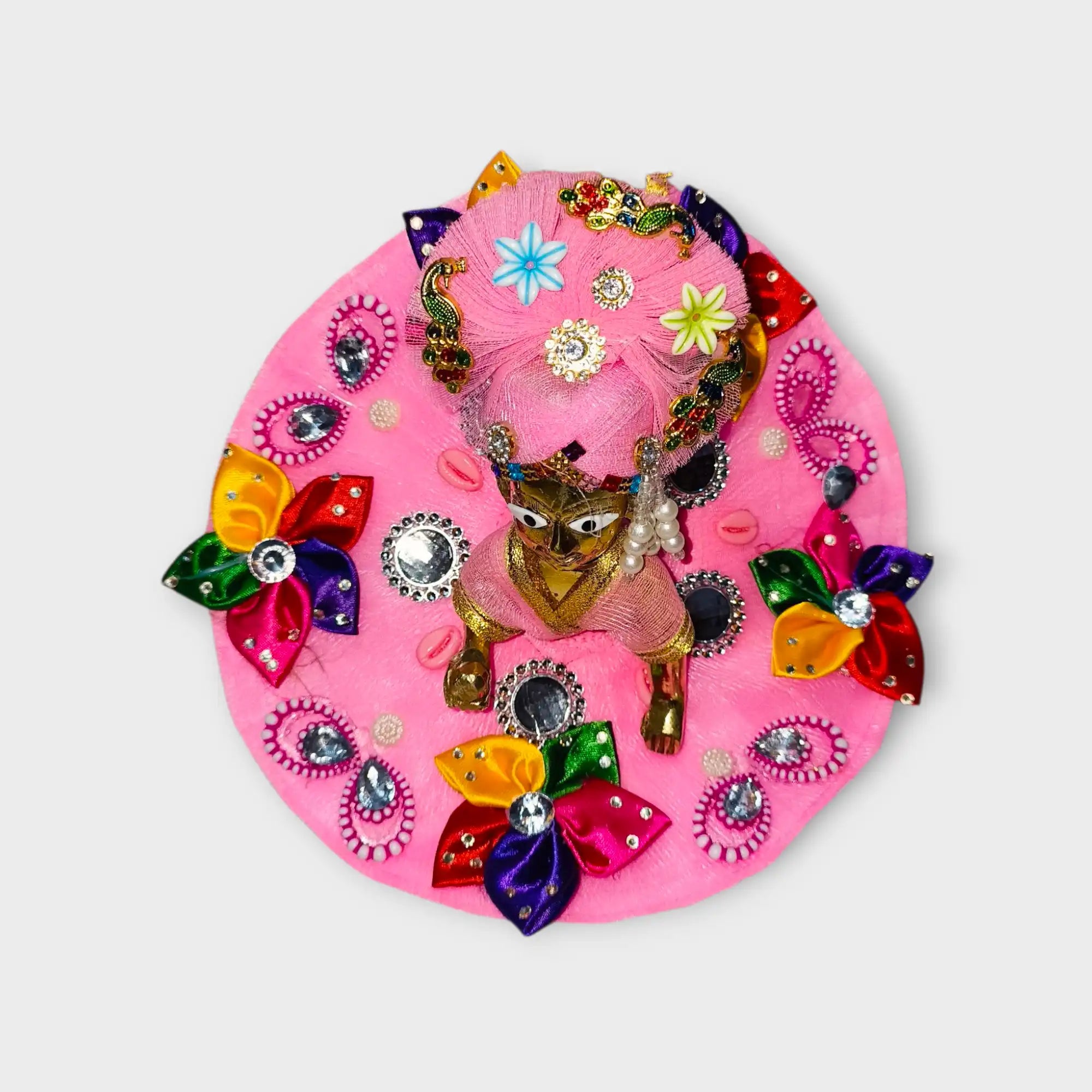 Pink Designer Laddu Gopal Dress with Colorful Floral Embellishments